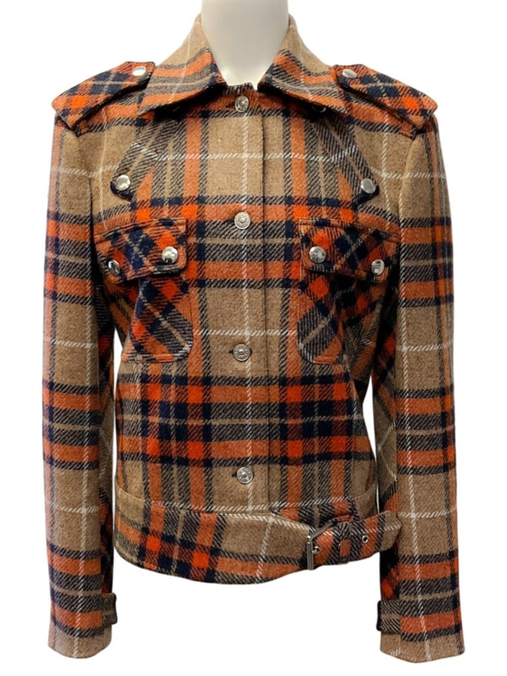 Barbara Bui Orange / Navy / Beige Wool Plaid Jacket with Belted Hem